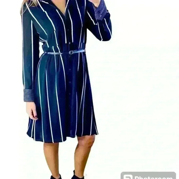 Who What Where Womens M Black White Striped Belted Longline Shirt Career Dress - Picture 8 of 8